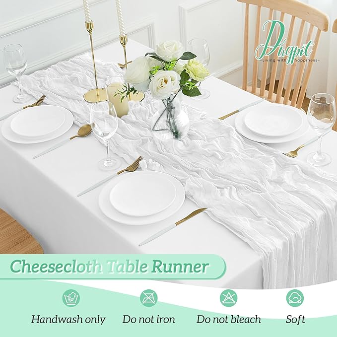 12Pack White Table Runner 10FT Cheesecloth Table Runner 35x120inch Cheese Cloth Table Runners Rustic Boho Gauze Table Runners for Party Wedding Birthday Dining Bridal Baby Shower Decor