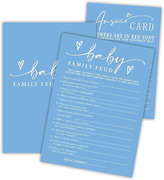 Family Feud Baby Shower Game - Minimalism Blue - 30 Double-Sided Fill In Style Game Cards With Answer Card, Gender Reveal, Baby Announcement, Party Games & Activity - C12