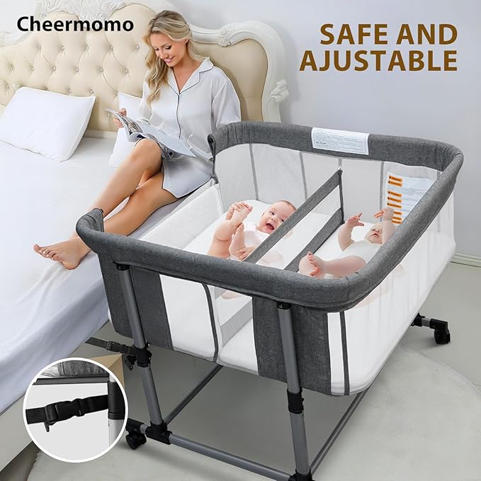Twin Bassinet for 2 Babies, Double Bassinet for Twins, Baby Bassinet with Wheels, Full-Mesh Sides, 5-Height Adjustable, Portable and Stable Baby Crib for Newborns (Basic Grey)