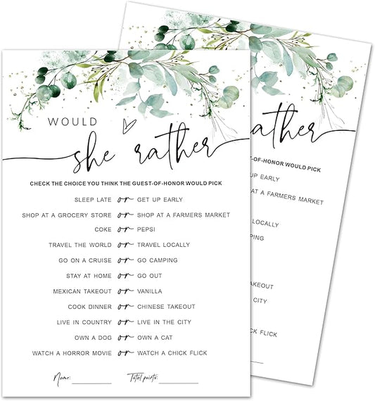 Baby Shower Game Cards - Set of 30 Would She Rather Game - Greenery Double Sided Print Baby Announcement Gender Reveal Card for Parents to Be - Baby Shower Party Activities Supplies - A13