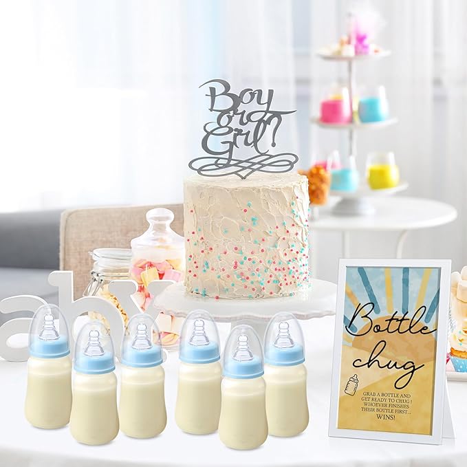 Roowest Bottle Chug Baby Shower Game Favors Including Blue Son Theme Wooden Sign and 18 Pcs Baby Bottles for Gender Reveal Party Supplies