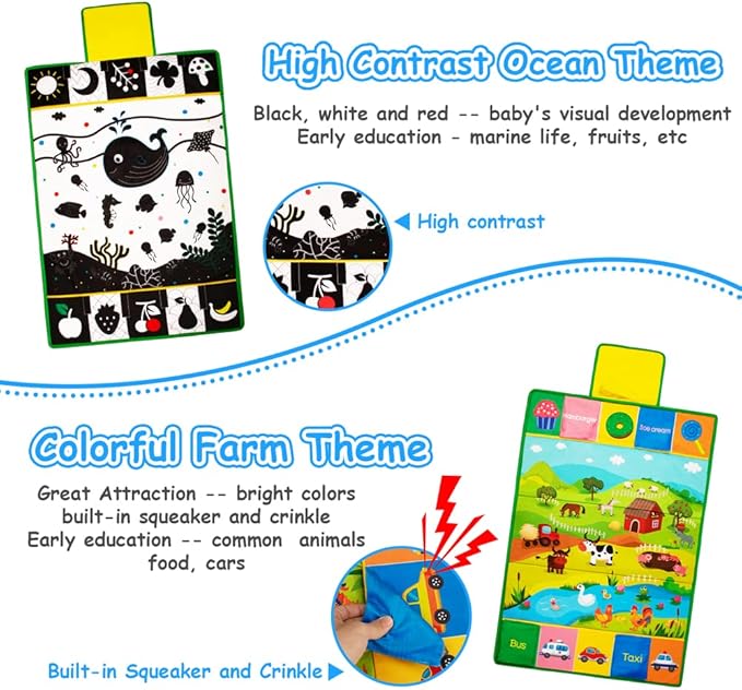 Tummy Time Mirror & Play Mat & Pillow 3-in-1, High Contrast Black and White Baby Toys, Activity Mat for Early Education, Newborn Infant Tummy Time Toy Set for 0 3 6 12 Month Crinkle/Squeake