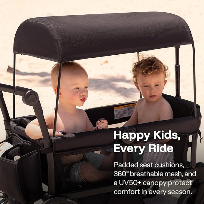 HARPPA All-Terrain Wagon Stroller for 2 Kids, Foldable Outdoor & Beach Stroller Wagon with Removable Canopy, Adjustable Push & Pull Handle, Footwell & Large Storage, Black