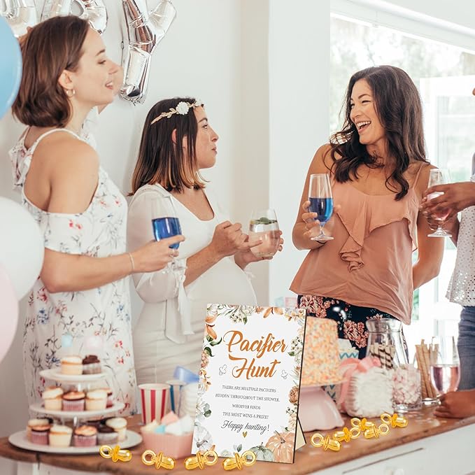 Thyle 51 Pcs Pacifier Hunt Baby Shower Games Include Hunt Sign and 50 Acrylic Pacifiers for Baby Shower Game Decoration Gift Sets Gender Reveal Party Decor(Pumpkin)