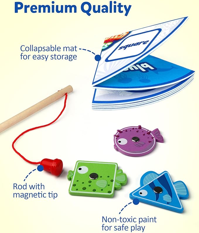 Coogam Montessori Toy for Toddlers, Fine Motor Skill Wooden Magnetic Fishing Game for Year Old Kids, Color and Shape Sorter for Age 3 4 5 Girls Boys Preschool Educational Gift