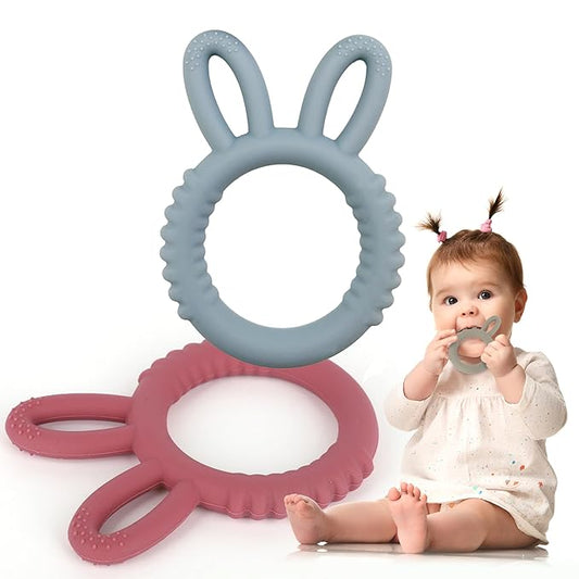 ArtCreativity Bunny Ears Teethers for Baby - Set of 2 Teething Rings - Silicone Baby Teething Toys - 0 6 12 Month Old Girl and Boy Teether Toys - Cute Bunny Gifts for Newborns