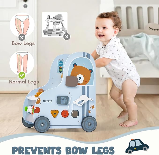 Wooden Baby Push Walker with Activity Center – Car Traffic Theme Tool Bench Shape Sorter, Steering Wheel, Gears, Beads, Montessori Toy for Toddlers 1-3, Walking Learning Baby Push Toy Speed Adjustable