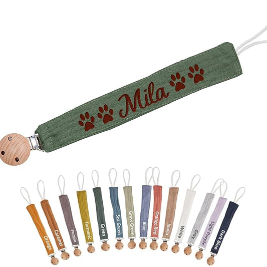 Custom Boho Pacifier Clip Holder with Embroidered Name – A Perfect Personalized Baby Baptism Gifts in Eco-Friendly Bamboo! (Green)