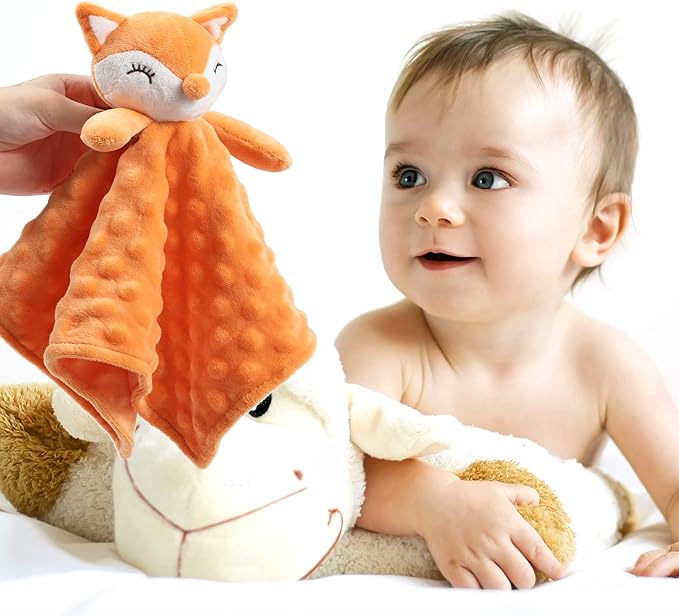 CREVENT Soft Plush Animal Face Security Blankets for Boys and Girls, Great Gifts for Birthday Baby Shower (Orange Fox Lovey +10"X10" Tag)