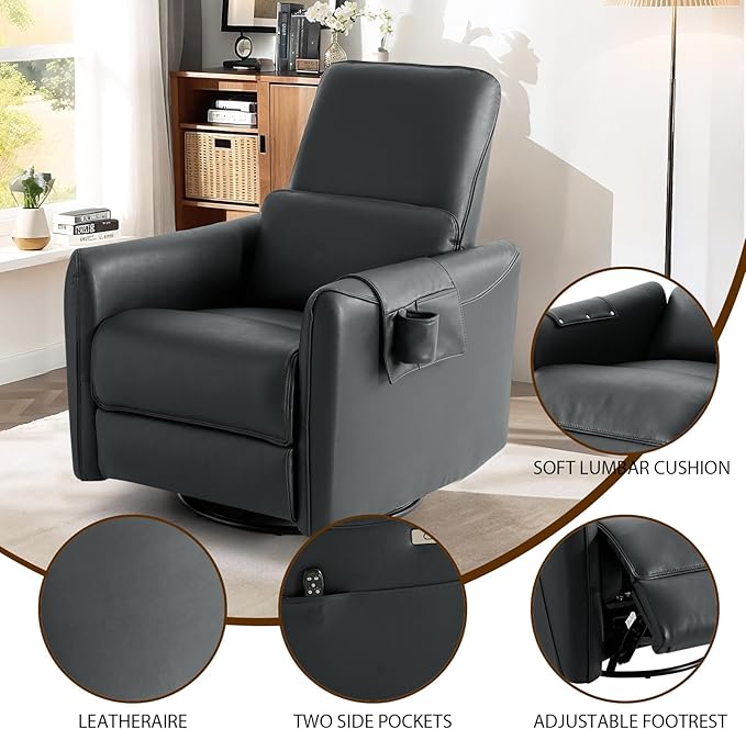 Swivel Glider Rocking Recliner, Power Recliner Chairs with Massage & Lumbar Support, Upholstered Faux Leather Reclining Sofa Chair for Living Room & Nursery (Darkgrey)