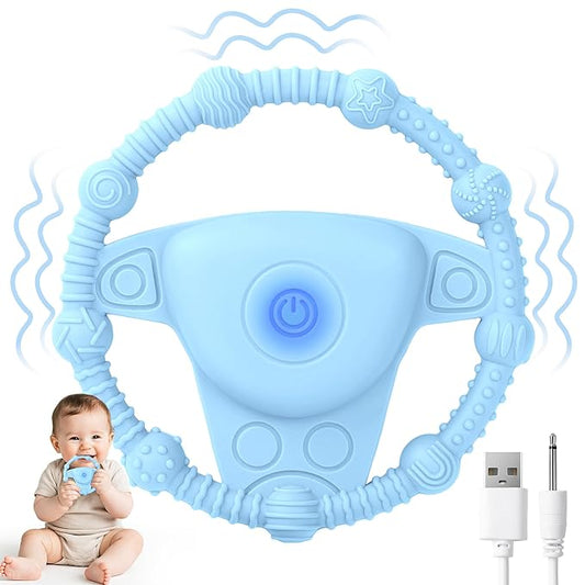 Vibrating Teething Toy with 3D Multi-Texture, Food-Grade Silicone Sensory Chew Toy for Autism Kids and Baby 3-18 Months, Baby Teething Ring for Teething Relief, Deep Blue
