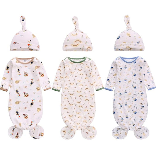 Newborn Knotted Nightgown Long Sleeve with Matching Hat Set 3 Pack, Cotton Baby Sleeper Gowns Sleeping Bags Home Outfits Set with Mitten Cuffs for Boys Girls (Balloon + Rainbow + Bear, 6-12 Months)