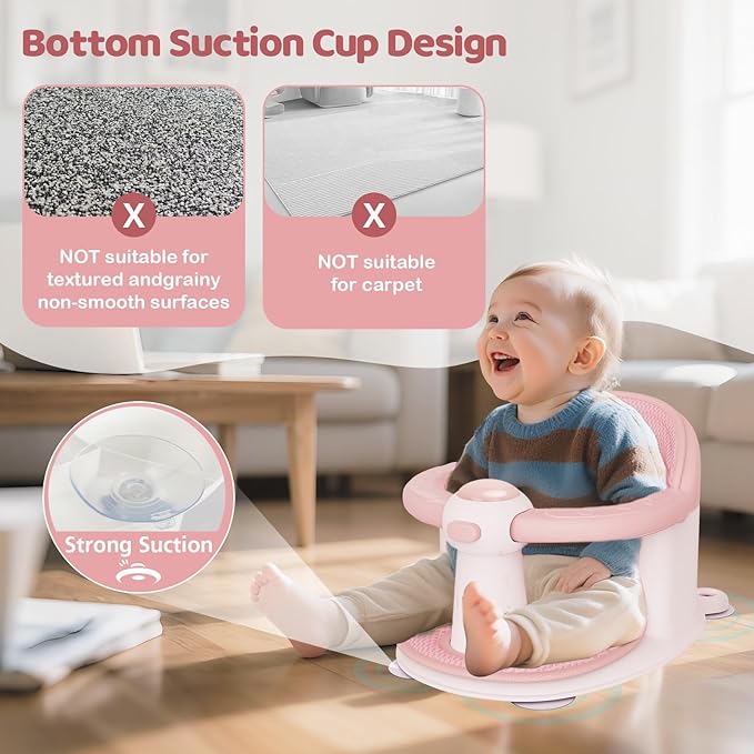 Baby Bath Seat for Babies 6 Months & up, Soft Cushions, Non-Slip Baby Bath Seat, Safe & Comfortable Baby Bath Support, for Bathtub/Living Room/Shower Room(Pink)