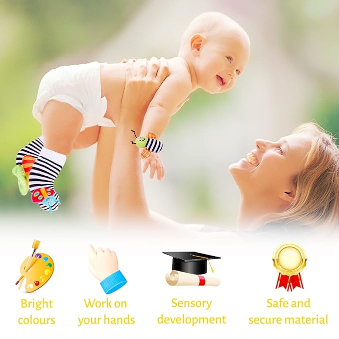 4-Piece Baby Wrist Rattle & Foot Finder Socks - Animal Rattle, Cartoon Design, 0-24 Months