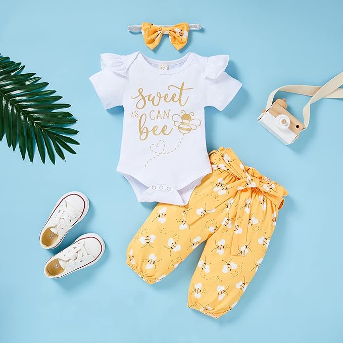 GRNSHTS Infant Baby Girl Bumble Bee Clothes Letter Print Romper Honey Bees Pants Bowknot Headband Outfits Set