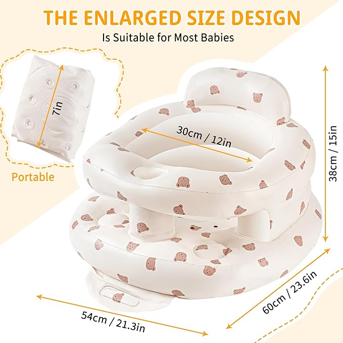 Inflatable Baby Seat for Babies 3-36 Months, Baby Chair with Fence & Built in Air Pump, Blow Up Floor Baby Seat with Back Support, Baby Sit Up Chair for Home, Travel (Bear-Large)