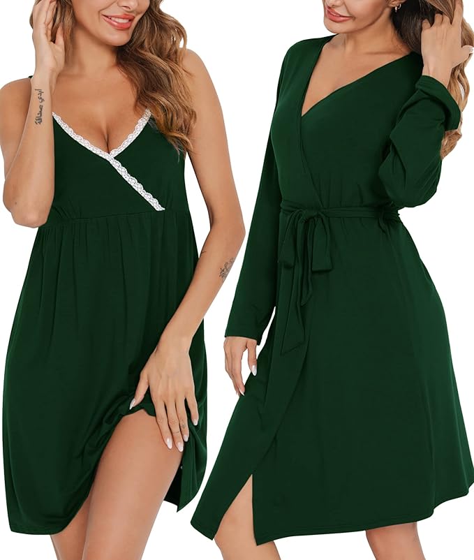 SWOMOG Womens Maternity Robe 2 Piece Nursing Nightgown for Breastfeeding 3 in 1 Labor Delivery Nursing Dress Lace Bathrobe