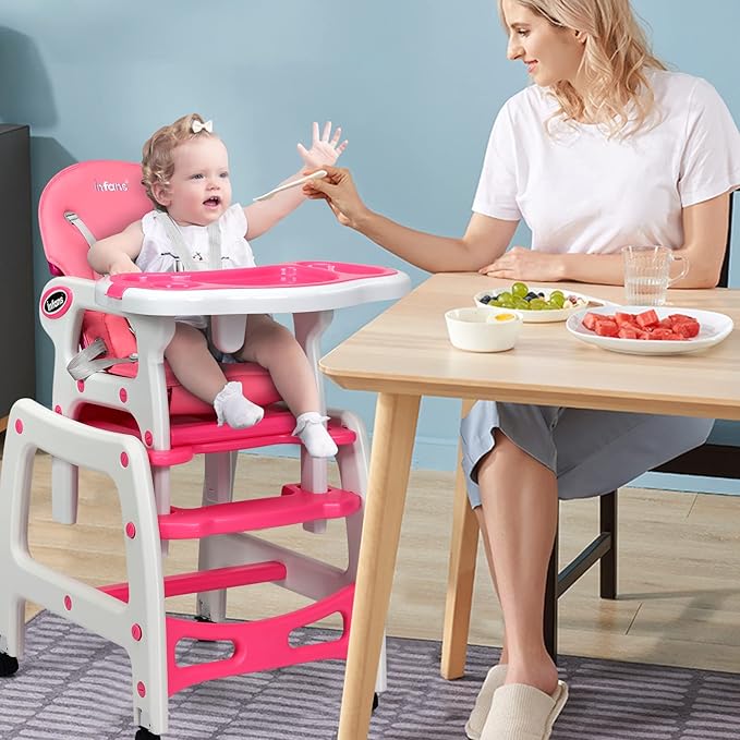 INFANS 5 in 1 Baby High Chair, Convertible Toddler Table Chair Set, Rocking Chair, Multi-Function Seat with Lockable Universal Wheels, Adjustable Seat Back, Removable Trays