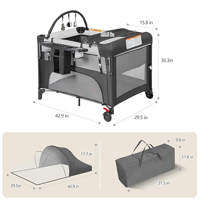 4 in 1 Baby Bassinet Bedside Crib with One-Hand Setup & Waterproof Mattress – ASTM-Certified Pack and Play, Portable Foldable Playard with Diaper Changer for Newborn to Toddler (Grey)