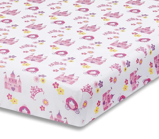 Baby Girl Fitted Crib Sheet Princess Storyland, 100% Soft Breathable Microfiber Baby Sheet, Fits Standard Size Crib Mattress 28in x 52in, Nursery Sheet