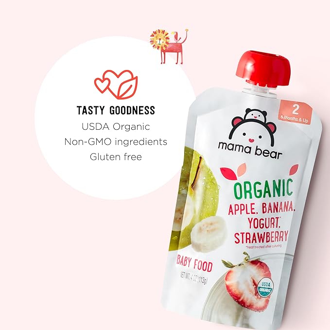 Amazon Brand - Mama Bear Organic Baby Food, Stage 2, Apple, Banana, Yogurt, Strawberry, 4 ounce (Pack of 12)