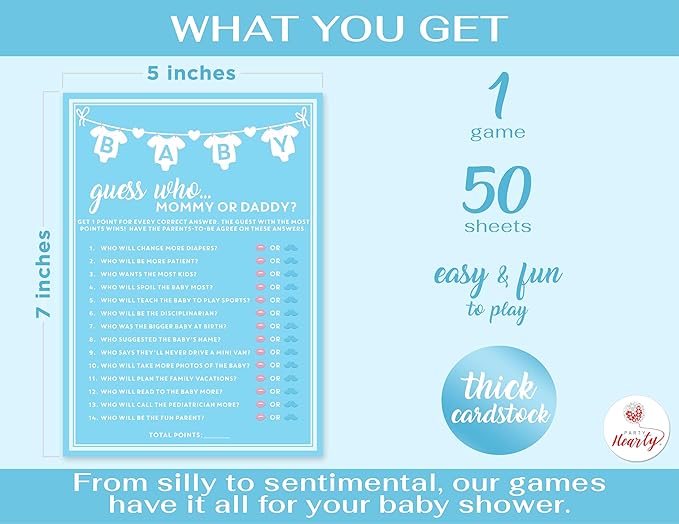 Party Hearty Baby Shower Games for Boy, 50 pcs Blue Mommy or Daddy Guess Who Game, Fun Activity Cards, Ideas