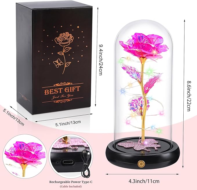 DEEMEI Birthday Gift for Women Pink Rose Eternal Flower USB Light Up Rose in Glass Dome Anniversary Flowers for Delivery Prime Mothers Day Presents Flowers Gifts for Her Grandma Girlfriend Wife