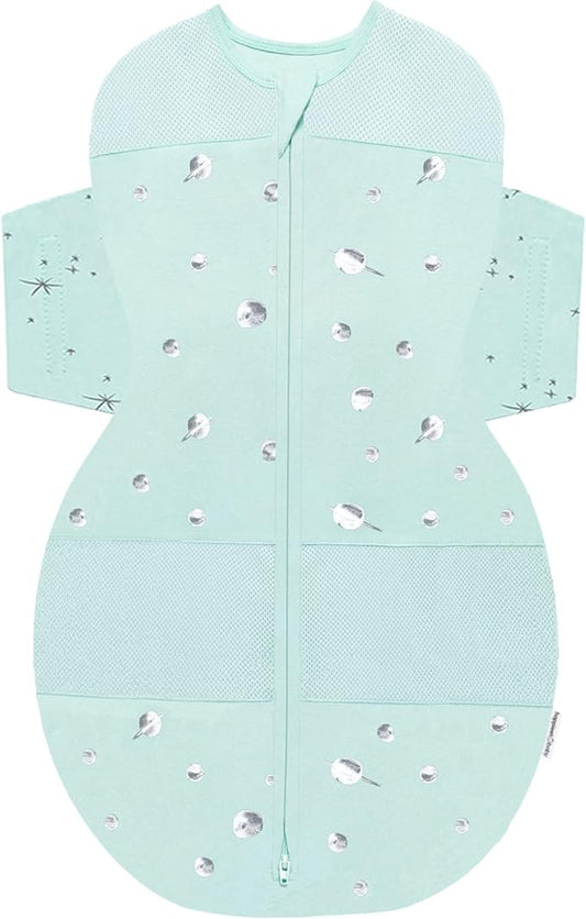 Happiest Baby SNOO Sleep Sack - 100% Organic Cotton Baby Swaddle Blanket - Doctor Designed Promotes Healthy Hip Development (Teal Planets, Small)