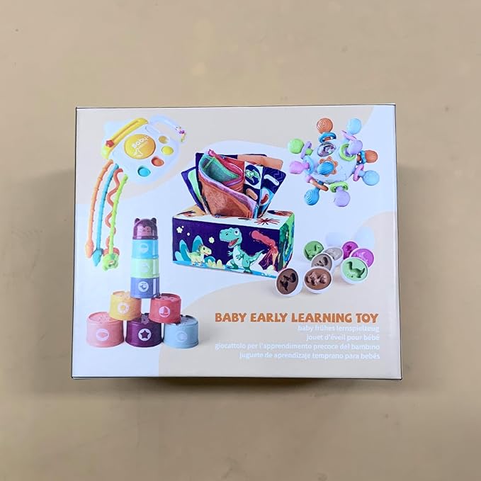 5 Pcs Baby Montessori Toys for 6 12 18 Months, Gift for 1 Year Old Boy Girl, Baby Tissue Box, Dino Matching Egg, Pull String Toy, Teething Toy, Stacking Cup