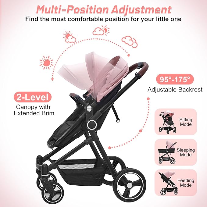 2 in 1 Baby Stroller for Toddler 0-3, Bassinet Stroller for NewbornToddler with Large Storage Basket, Removable Seat, Cup Holder, Shock Absorbing