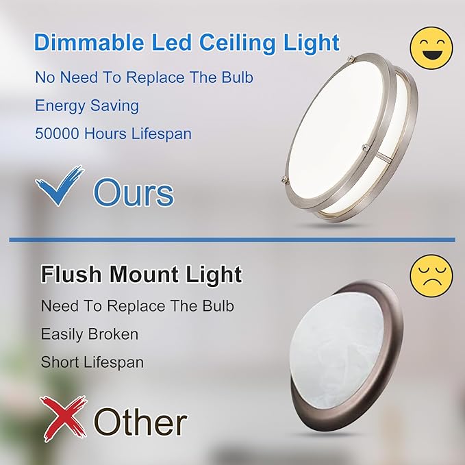 DLLT 2Pack Flush Mount LED Ceiling Light: 10 Inch 5CCT (3000K-6000K) & Dimmable Ceiling Light Fixtures for Bedroom - 18W Modern Brushed Nickel 1600LM Super Bright Kitchen Lighting Fixtures Ceiling