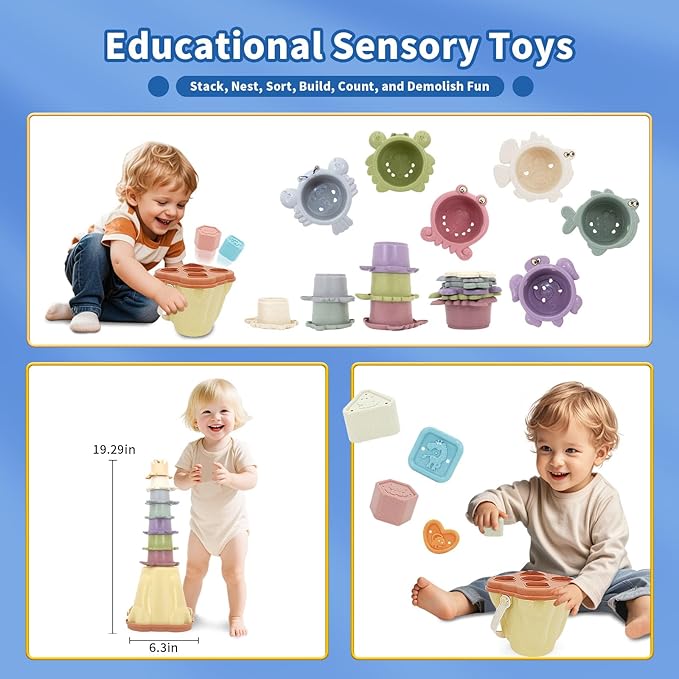 16 in 1 Montessori Toys Set,Stacking Toys for Toddler 1-3 Shape Sorters Stacking Cups Baby Toys for 6-12 Months Nesting Stack Cups, Infant Stackable Block for 6-48 Months Birthday Gift for Girl Boy