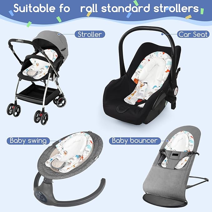 Infant Car Seat Insert & Strap Cover for Baby Boys, 2 in 1 Carseat Head Support Newborn, Ultra Soft Car Seat Cushion for Babies, Plush Fabric, Fit for Swing, Car Seat, Stroller, Bouncer