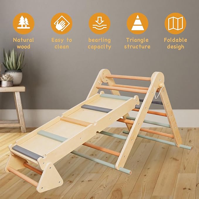 Kids Foldable Climbing Set with Ladder,Ramp,Balance Beam;Triangle Wooden Climbing Toys for Toddlers 1-3 Inside Playground,Baby Indoor Climber Jungle Gym for Montessori