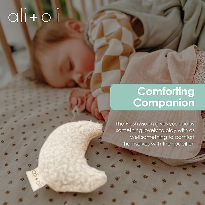 Ali+Oli Plush Pacifier Holder (Moon-White) Soft Binky Holder for Babies, Plush Holder for Pacifiers, Cute Baby Binkies Plush Holder, Pacifier Holder for Baby Boys & Girls, Baby Toy with Cute Decor