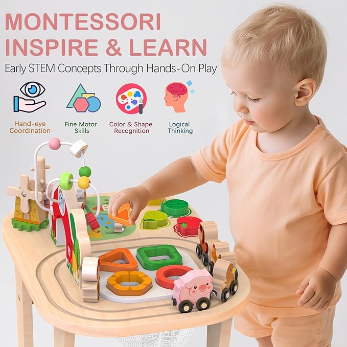 Kids Girls Wooden Farm Activity Table for 1 2 3 Years Old, Montessori Learning Toy with Bead Maze, Shape Sorter & Animal Train, Sensory Development Toy for Toddlers, Educational Gift for Baby