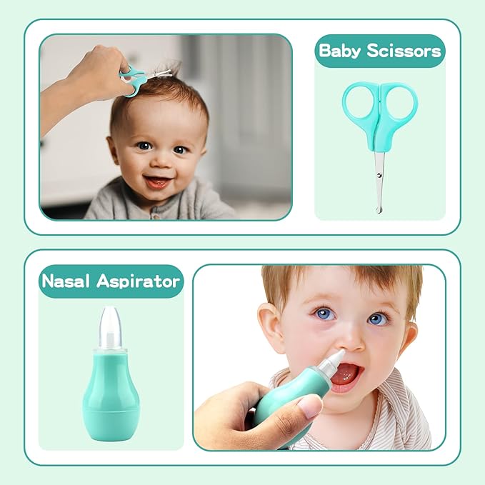 Baby Grooming Kit, Infant Safety Care Set with Hair Brush Comb Nail Clipper Nasal Aspirator,Baby Essentials Kit for Newborn Girls Boys (13 Pc Green Kit)