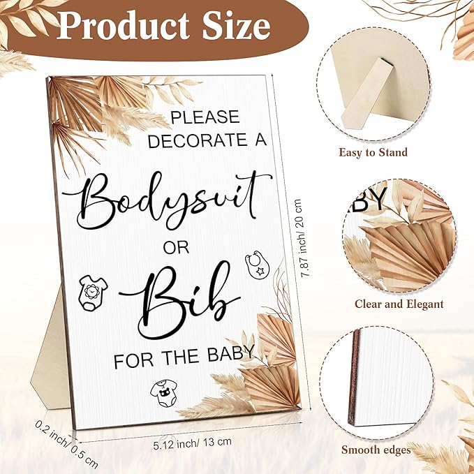 Roowest 35 Pcs Baby Shower Bibs Games Design Wooden Baby Shower Party Game Sign DIY Bodysuit Sign 15 White Blank Feeder Bibs 9 Newborn Bodysuit 10 Markers for Boys Girls(Boho)