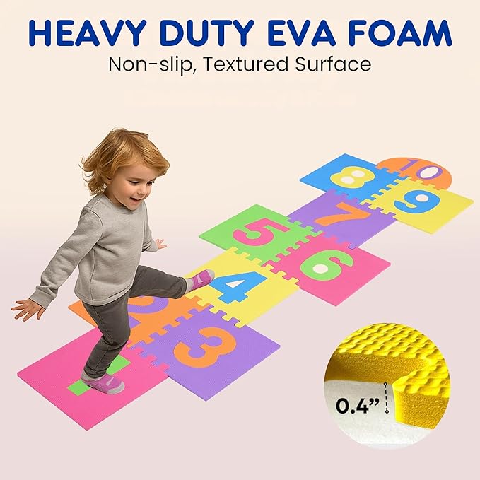 Hopscotch Playmat Foam Interlocking Puzzle Floor Mat - 10 Large Number Tiles (12" by 12" Square Blocks)