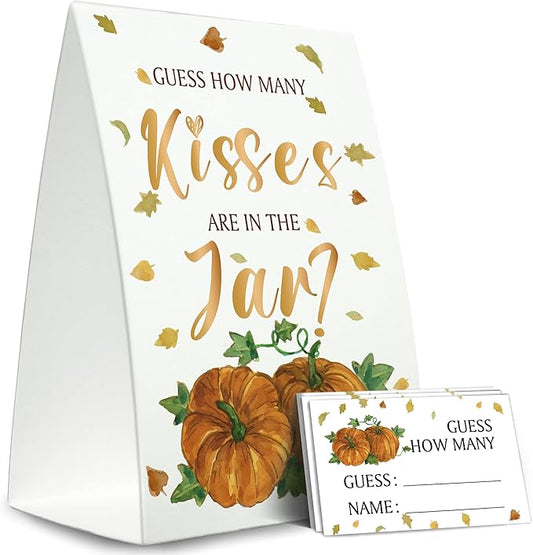 Fall Guess How Many Kisses Are in the Jar (1 Standing Sign + 50 Guessing Cards),Pumpkin Halloween,Bridal Shower Sign,Baby Shower Sign - QJ01
