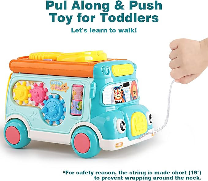 Music Activity Bus Baby Toy, Infant Education Learn Car, Sound & Light, Interactive Game, Shape Sorter, Animal Matching, Holiday Birthday Present for Toddler Kid Boy Girl 3 4 5 6 7 Years (Blue)