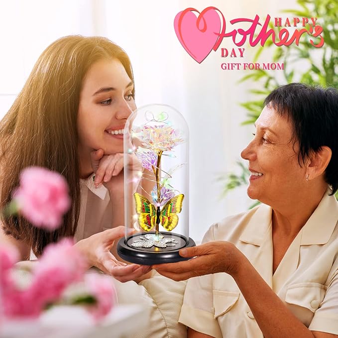 DEEMEI Birthday Gifts for Women Colorful Rose Eternal Flower Light Up Rose in Glass Dome with Butterfly, Flowers for Delivery Prime Mom Gift from Daughter Anniversary Wife Girlfriend Grandma Gift