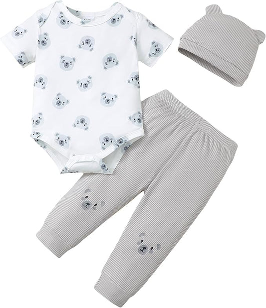 SUNNY PIGGY Baby Boy Clothes Newborn Infant Boys Outfits Romper Hat Pants 3PC Set 0-3 3-6 6-12 12-18 Month Clothing Gift