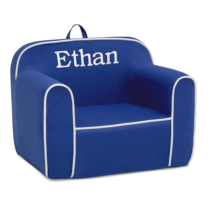 Delta Children Personalized Cozee Chair – Customize with Name – Foam Kids Chair for Ages 18 Months and Up, Blue/White