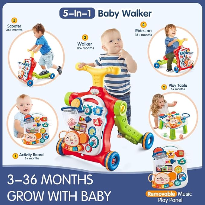 Baby Walker 5 in 1,VATOS Sit-to-Stand Learning Walker,Assemble as Scooter/Balance Bike/Push Walker/Activity Table/Detachable Panel,Push Walkers Toys with Music for Toddlers Infant Boys Girls