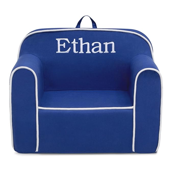 Delta Children Personalized Cozee Chair – Customize with Name – Foam Kids Chair for Ages 18 Months and Up, Blue/White