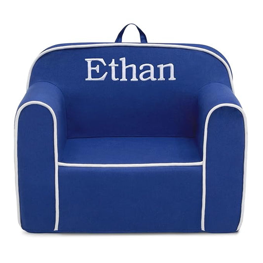 Delta Children Personalized Cozee Chair – Customize with Name – Foam Kids Chair for Ages 18 Months and Up, Blue/White