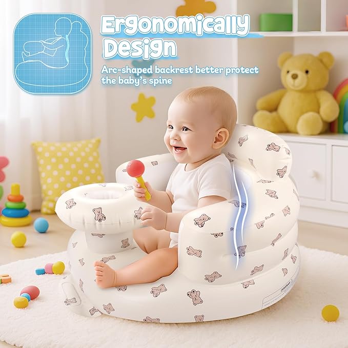 Arscniek Inflatable Baby Seat Built in Air Pump, Blow Up Baby Chair with Back Support and Tray, Sit Me Up Floor Seat for Babies 3-36 Months, Portable Infant Chairs for Indoor and Outdoor- Biscuit Bear