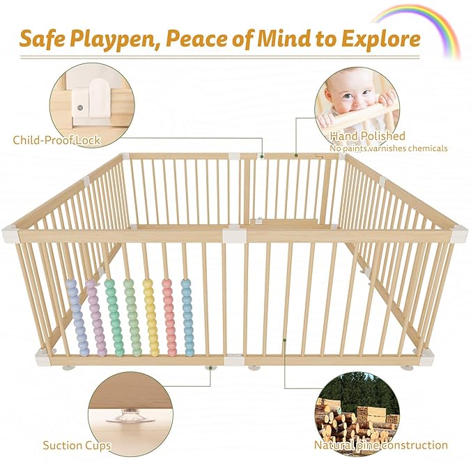Large Wooden Baby Playpen - Size Adjustable Fence for Babies and Toddlers, Baby Play Yard with Locking Gate, Indoor Play Pen for Kids Activity Center 63.5”×63.5”