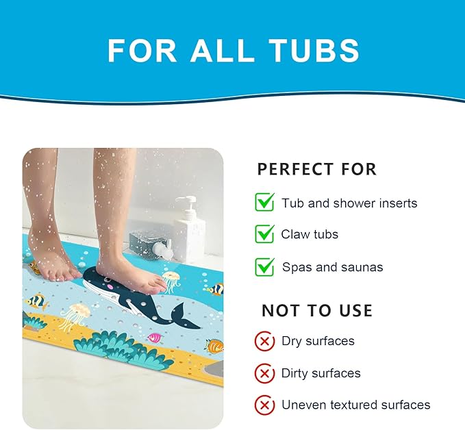 XIYUNTE Baby Bath Mat for Tub Non Slip Kids Bath Mat - 40''x16'' Extra Long Cartoon Whale Baby Bath Tub Mat Eco-Friendly Toddler Bath Mats with Suction Cups & Drain Holes, Easy to Clean & Easy Drying